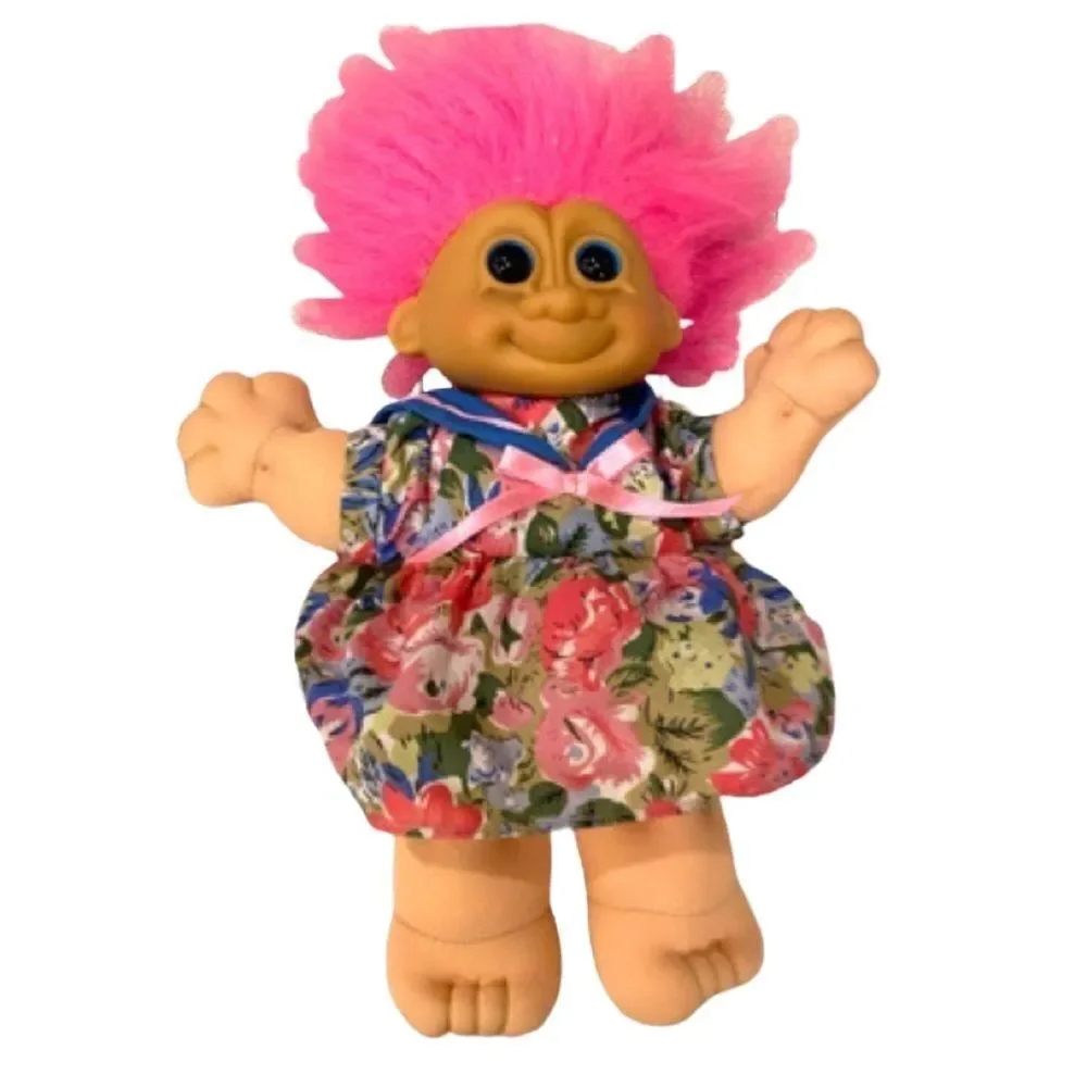 Vintage Russ Berrie LARGE Troll Kidz Soft Body Girl Doll Dress Pink Hair 9 “